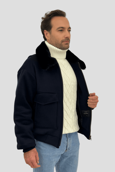 Blue cashmere aviator bombers with fur collar for men.