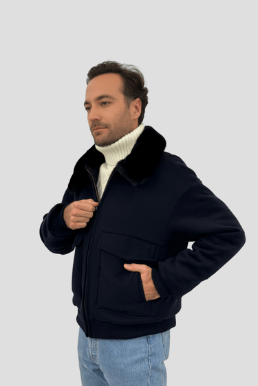 Blue cashmere bomber coat for men